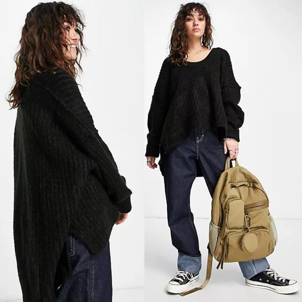NEW Free People Blue Bell U V Neck Oversize Slouchy Tunic Sweater Black $128 S - Picture 9 of 10